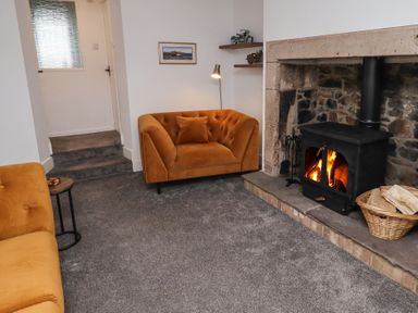 A living room with a fireplace and a sofa at 1 Sunnybrae in Alnwick