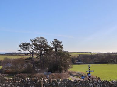A field with trees and road signs at Harry's Cottage in Embleton