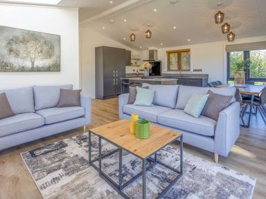 A living room with a sofa and table at Isca Lodge in Wombleton