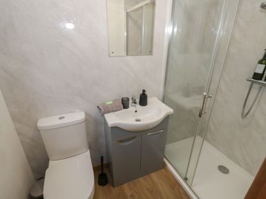 A bathroom with a shower, toilet, and sink at Oak Lodge Admaston near Abbots Bromley