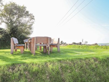 A wooden table and chairs on grass at Ty Felin in Newport