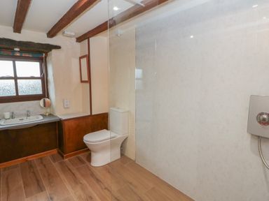 A bathroom with a shower, sink, and toilet at Ty Felin in Newport, Pembrokeshire