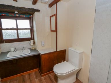 A bathroom with a sink, toilet, and window at Ty Felin in Newport, Pembrokeshire