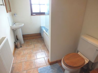 A bathroom with a sink, toilet, bathtub, and a radiator at Ty Cariad Newport