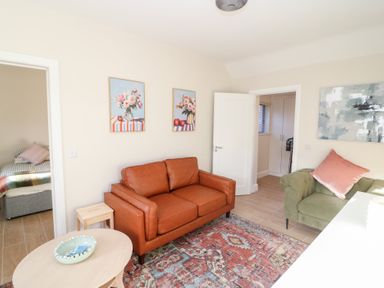 A living room with a brown sofa and rug at Duck Cottage