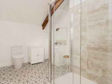 A bathroom with a shower and toilet at Swallow Cottage Bullhornstone near South Brent