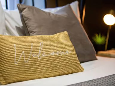 A bed with pillows and a lamp at White Willow Apartment in Llanrwst