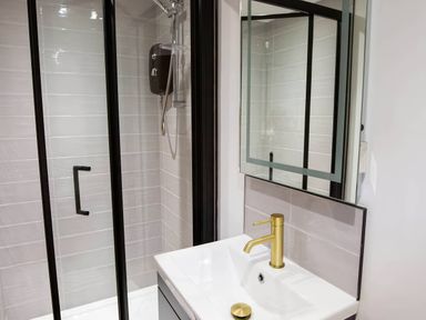 A bathroom with a shower enclosure and a sink at Silver Birch Cottage Llanrwst