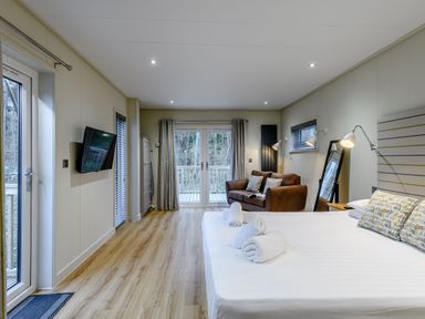 A bedroom with a bed, sofa, and television at Tennyson Spa (Pet) Louth