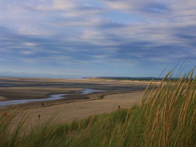 A beach with dune grass and people walking at Tennyson Spa (Pet) in Louth