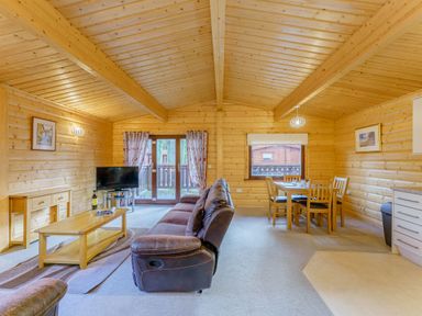 A living room with a sofa and dining table at Maple Lodge in Louth