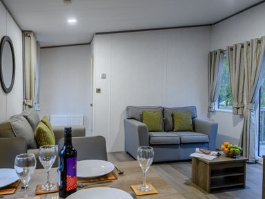A living room with a sofa and dining table at Anderby Spa (Pet) in Louth