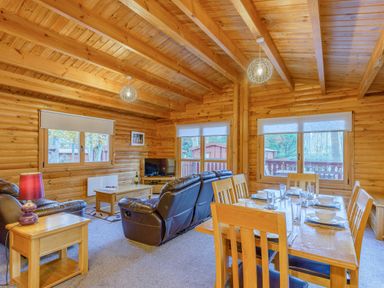 A living room with seating and a dining area at Cedar Lodge in Louth