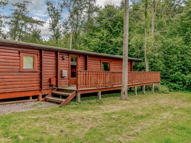 A log cabin with a deck and steps in a forested area at Cedar Lodge (Pet) Louth