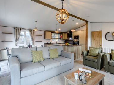 A living room with a sofa and table at Elsham Lodge (Pet) Louth