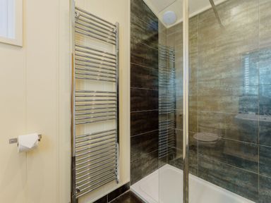 A bathroom with a shower and towel rail at Retreat Lodge 4 in Louth