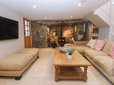 A living room with a fireplace and seating area at Bryn Mor Cottage Mynytho near Llanbedrog