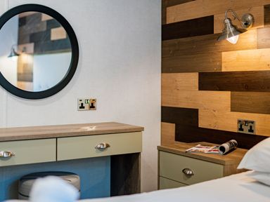 A bedroom with a mirror and desk at Brayford Lodge Spa (Pet) in Louth