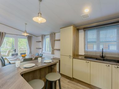 A dining room with a table and kitchen area at Brayford Lodge (Pet) in Louth