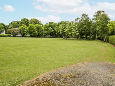 A grassy area with trees and a pathway at Glenview Log Cabin Ballycastle