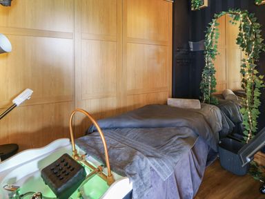 A spa room with a massage table and plant decor at Rose Apartment in Oldwalls near Reynoldston