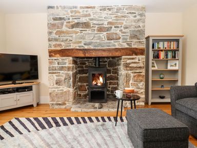A living room with a stone fireplace and television at Knowle House in Okehampton