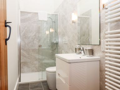 A bathroom with a shower, toilet, and vanity at Knowle House Okehampton