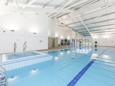 A swimming pool with a jacuzzi and plants at Pear Tree Spa (Pet) Carlton Miniott near Thirsk
