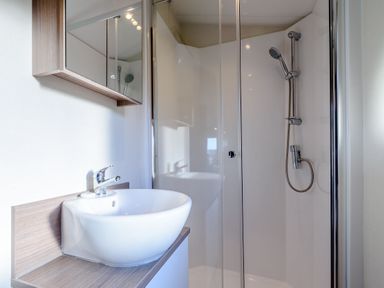 A bathroom with a sink and shower at Alder Spa in Carlton Miniott near Thirsk