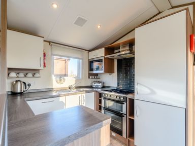A kitchen with a kettle, sink, and stove at Alder Waterside Spa in Carlton Miniott near Thirsk