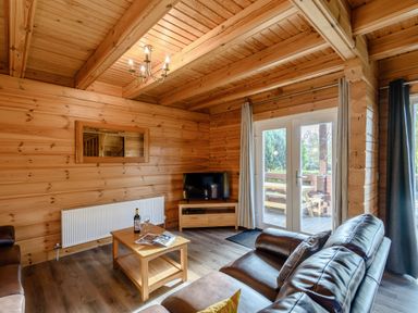 A living room with a sofa, coffee table, and television at Birch Waterside Spa, Carlton Miniott near Thirsk