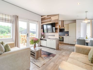A living room with a television and a dining area at Cedar Spa in Carlton Miniott near Thirsk