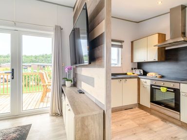 A kitchen with a television and oven at Cedar Spa in Carlton Miniott near Thirsk