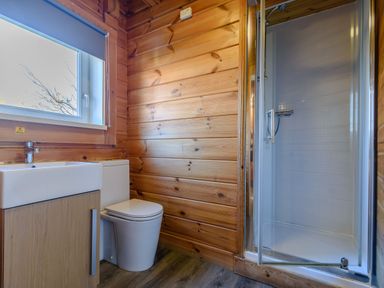 A bathroom with a sink, toilet, and shower at Birch Spa (Pet) Carlton Miniott near Thirsk