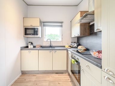 A kitchen with microwave, sink, and oven at Cedar Spa (Pet) Carlton Miniott near Thirsk