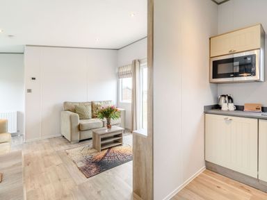 A living room with a sofa and microwave at Cedar Spa (Pet) Carlton Miniott near Thirsk