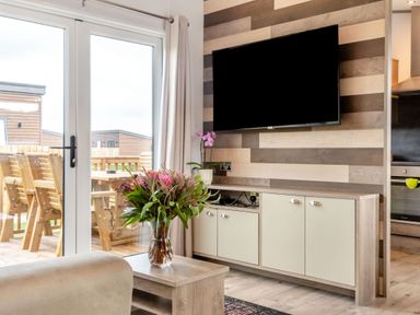 A living room with a TV and cabinets at Kinder Spa (Pet) Carlton Miniott near Thirsk