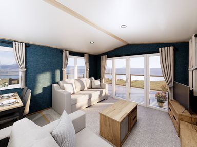 A living room with a sofa, dining area and large windows at Oak Waterside Spa Carlton Miniott near Thirsk