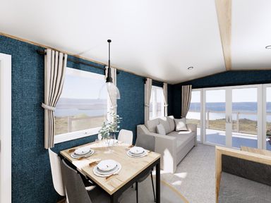 A dining area with a table set for four at Oak Waterside Spa Carlton Miniott near Thirsk