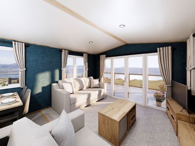 A living room with a sofa and coffee table at Willow Waterside Spa in Carlton Miniott near Thirsk