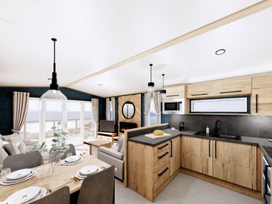 A kitchen and dining area with wooden furniture at Oak Spa (Pet) Carlton Miniott near Thirsk