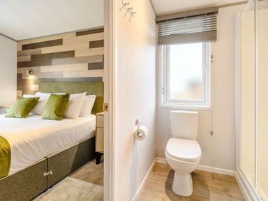 A bathroom with a toilet and shower next to a bedroom at Beech Waterside Spa Carlton Miniott near Thirsk