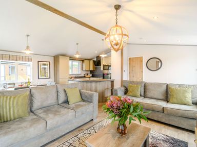 A living room with sofas and a kitchen area at Beech Waterside Spa (Pet) Carlton Miniott near Thirsk