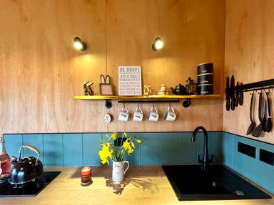 A kitchen with a sink and kettle at Harriet in Llangurig