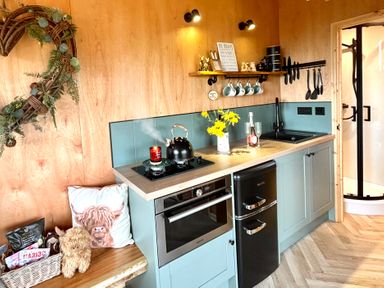 A kitchen with a kettle and flowers at Harriet in Llangurig