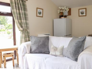 A living room featuring a sofa and a fridge at Lannlyvri Lodge in Lanlivery near Lostwithiel