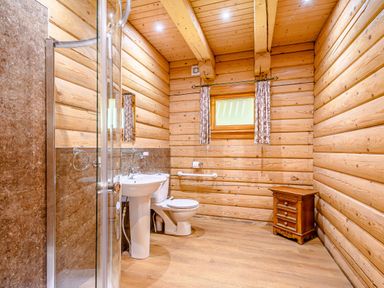 A bathroom with shower, toilet, sink, and wooden walls at Foresters Spa Plus in Dundee