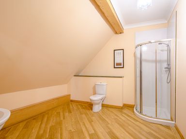 A bathroom with a shower and toilet at Foresters Spa Plus (Pet) in Dundee