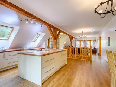 A kitchen with a kitchen island and windows at Eagle Spa Plus (Pet) in Dundee