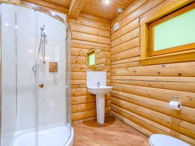 A bathroom with a shower, sink and toilet at Eagle Spa Plus (Pet) Dundee